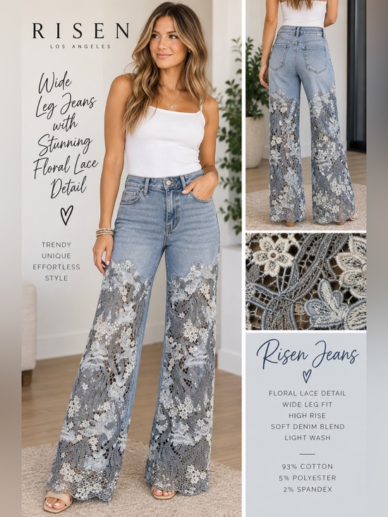 Risen Denim - Risen Wide Leg Jeans Size 26 Blue Grey Floral Lace Detail